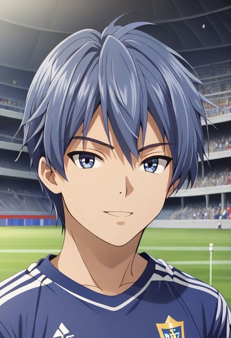 high resolution, solo, best quality, 1Boy, Tomoya Okazaki, Grey Blue Hair, soccer player, field, portraits, sport photography, celebration, OverallDetail