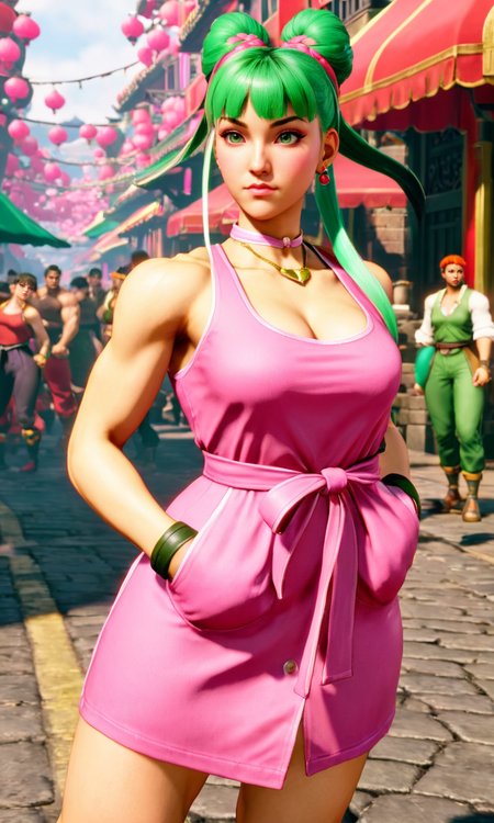 a woman in pink dress,  best quality, looking at viewer,  <lora:sf6sdxl:0.8>, sf6sdxl,  game cg, street fighter, vibrant colors, green hair, updo, fighting stance, beautiful,