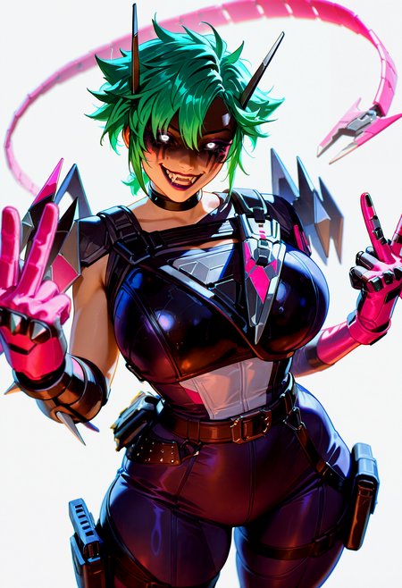 solo, close up, foreshortening, Apex_Alter, 1girl, antennae, makeup, facepaint, shaded face, bags under eyes, messy lipstick, colored sclera, black sclera, white eyes, glowing, glowing eye, messy hair, spiked hair, alternate hairstyle, green hair, short hair, short ponytail, hair between eyes, bangs, hair ornament, huge breasts, wide hips, (thick thighs:1.1), mechanical tail, headgear, choker, official alternate costume, jacket, bodysuit, breastplate, holster on chest, holster on breast, spikes, armor, pauldrons, belt, buckle, shoulder armor, shoulder pads, single mechanical arm, asymmetrical gloves, pink gloves, holster on thigh, looking at viewer, rape face, half closed eyes, crazy eyes, crazy smile, evil grin, corruption, fangs, standing, leaning back, (double middle fingers), (simple background, white background), <lora:ponyxl\cfg_scale_boost:0.7> <lora:IL\KMS_Apex-Legends_Alter_IL-000011:1>