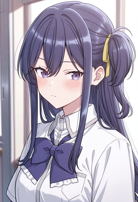 masterpiece, best quality, 32k, high resolution, absurdres, izumi shiho, 1girl, solo, shirt, white shirt, upper body, collared shirt, one side up, blush, school uniform, hair ribbon
