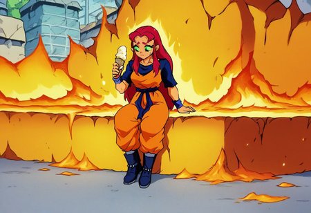 safe_pos, score_9,score_8_up,score_7_up,sad, cring, lose look, holding icea cream with one hand, ice cream melting,

1girl, starfire, red hair, long hair, green eyes, green sclera, orange skin
 
,medium breast,wide hips,orange sleevelees dougi, Blue Tshirt under dougi, wristband, orange pants, blue footwear, boots, blue sash, sitting,  long-shot, in the middle of the shot, destroyed city, muscle,  fire, sad,