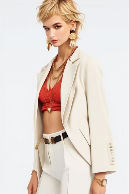 masterpiece, best quality, ultra detailed, bellissima, 1girl, white top,  pants, jacket, Armani style, very short hair, blonde hair, freckles, earrings, chain necklace, cowboy shot
