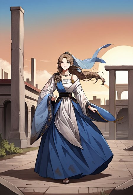 score_9, score_8_up, score_7_up, score_6_up, insaneres, absurdres, solo, manhwa artstyle,,8k,hdBREAK
MinJiwon, brown eyes, mousy hair, long hair, 
ruanyi0759,blue dress,hanfu,jewelry,veil,off shoulder,wide sleeves,white dress,
(,1girl,solo,dancing,), ruins, scenery, afternoon. sun light, dirt, depth of filed, cowboy shot,BREAK