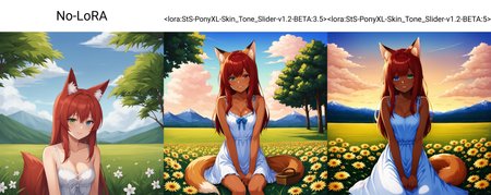 score 9, score 8 up, score 7 up, source anime, No-LoRA, 1girl, solo, (upper body), face focus, facing viewer, sitting, light smile, red hair, heterochromia, blue eye, green eye, fox girl, fox ears, fox tail, long hair, bangs, sundress, exposed shoulders, (small breasts), cleavage, field, grass, on grass, flower,  tree, branch, cloudy sky, mountainous horizon, 8k, absurdres, NO_LORA