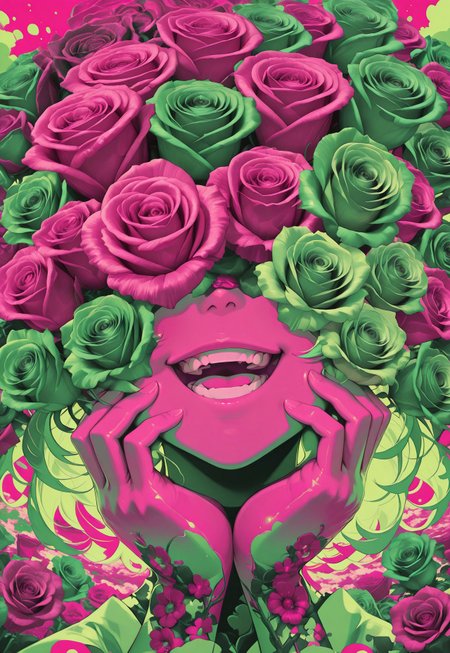 solo, portrait, flowers over eyes, [too many flowers], rose,
hands on own cheeks, open mouth, grin, upper teeth only, limited palette, (pink, green),
masterpiece, best quality, absurdres
