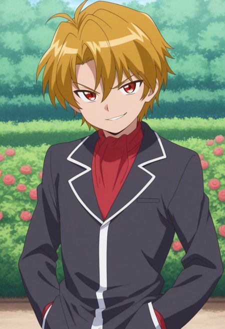 masterpiece,best quality,amazing quality, source_anime, 
Buraito, 1boy, male focus, solo, red eyes, blonde hair, shirt, red shirt, jacket, black jacket, smirk,
outdoor, garden,