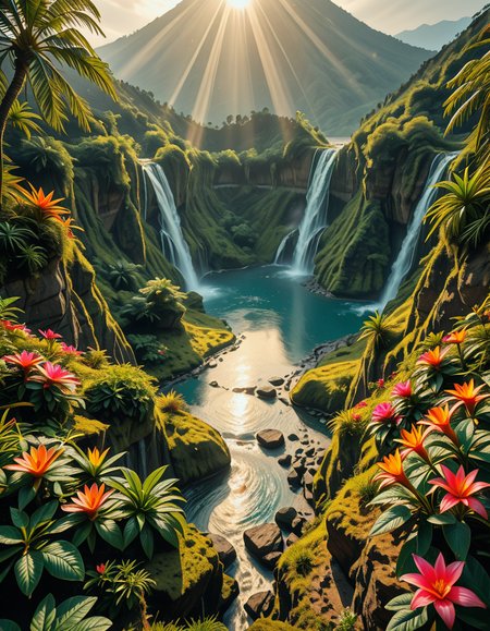 A breathtaking view of an ancient, dormant volcano now transformed into a lush, vibrant natural sanctuary. The crater is filled with dense tropical forests, colorful exotic flowers, cascading waterfalls, and mist swirling gently in the morning light. Vines and moss cover the dark volcanic rocks, and small streams wind down the slopes. while rays of sunlight pierce through the dense canopy, creating sparkling reflections on the water. The atmosphere feels peaceful, enchanted, and untouched by humans. The scene is depicted in an ultra-detailed, hyper-realistic style, with warm, soft lighting and rich, saturated colors that enhance the magical and serene mood of the landscape.
<lora:SDXLFaeTastic2400:0.4> <lora:extremely_detailed:0.4> extremely detailed,dormant v0lc4n0, <lora:dormant_v0lc4n0-i:1>, Masterpiece,best quality,hi res,8k,hi res,8k,award winning,(sharp focus, intricate, highly detailed),