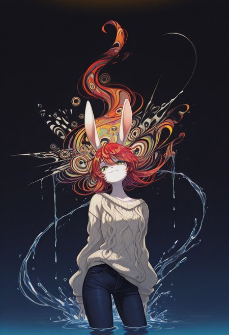 (masterpiece, gradient, recent, good_quality, high_quality, newest, very aesthetic, vibrant_background, abstract_background, colorful, surreal, anime_coloring:1, vectortrace:1, flat_colors:1,rabbit girl,furry,red hair,white rabbit ear,solo,add detailed eyes,green eyes,dressed,happy,long hair,roll-up sweater,jeans,BV-Illu,Dynamic pose, midnight blue gradient background, water,late night,upper body,