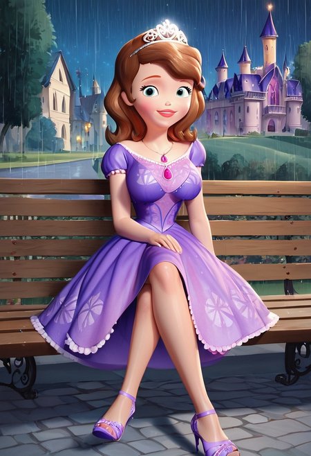 score_up_8, score_up_9, 1girl, violet dress, minidress, sofia_the_first, tiara, necklace, brown hair, large breasts,background near castle, rain, night sky, at park, sitting on bench, looking at viewer, huge cleavage, seducative smile,crossed legs, high heels,completely wet dress,sex provocation pose,