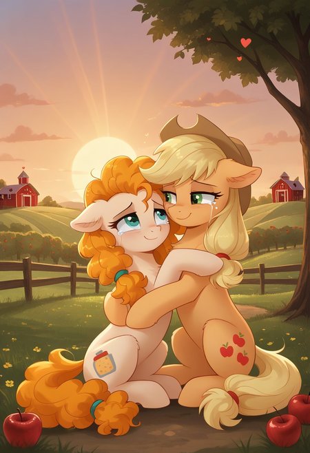 score_9, score_8_up, score_7_up, score_6_up, score_5_up, score_4_up, pony,  duo, Applejack and Pear Butter, outdoors, full body, smile, cry, tears of happiness, hug, half-lidded eyes, floppy ears, ears fluff, chest fluff, hoof fluff 
looking at each other, sunset, volumetric lighting, apple farm, barn in the background, golden rays, hearts in the air, cuteness, mlp, show accurate