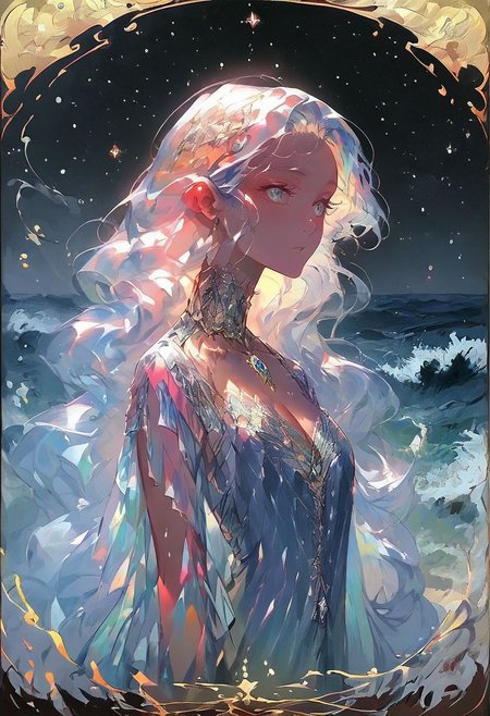 score_9, score_8_up, score_7_up, score_6_up,
 (high quality, detailed, beautiful), very long hair hair, silver hair, shiny hair hair,  cleavage, makeup, eyeliner, sheer silver blue robe, flowing robe, holding conch shell, dreamy eyes barely open, card border, roman numerals, Tarot Card, her long hair turns to waves as it cascades out behind her, waves background, detailed seascape background, crashing waves, rocks, dark night sky, elaborate geometric design, stars reflecting, thick ink, dark lines, flowing water border, ocean, seascape, TarotCard Style, lks73zb1
