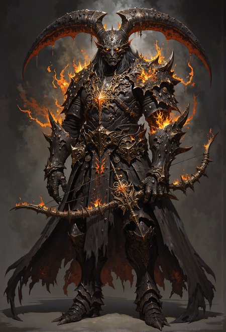 Demon hunter, glowing crossbow, scarred armor, burning sigils, piercing glare <lora:FredFraiStyle-FLUX-Share.safetensors:0.25>,  <lora:Magic_of_Art_\(FLUX\).safetensors:0.25>, <lora:Elden_Ring_-_Yoshitaka_Amano.safetensors:0.75>,   <lora:- Flux1 - soothing_atmo_V2.0.safetensors:0.15>,