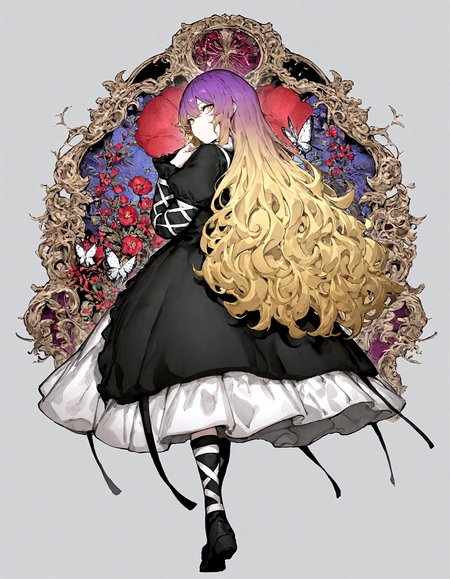 1 girl,, hijiri_byakuren,  1girl ,, black_dress, blonde_hair, bug, ,dress, flower, gradient_hair, juliet_sleeves, long_hair, long_sleeves, looking_back, moth ,multicolored_hair, puffy_long_sleeves ,puffy_sleeves ,purple_hair, red_flower, standing ,very_long_hair ,wavy_hair ,white_background, yellow_eyes,
,Fishine, munakata_(sekimizu_kazuki),dekosukentr,kizuki_aruchu ,ireading,kubo_tite_(style) ,remyaruku65,
,masterpiece, best quality, newest, absurdres, highres,
, <lora:add-detail-xl:0.5>,  <lora:USNR STYLE_XL_loha:0.6>, <lora:cfg_scale_boost:0.4>,