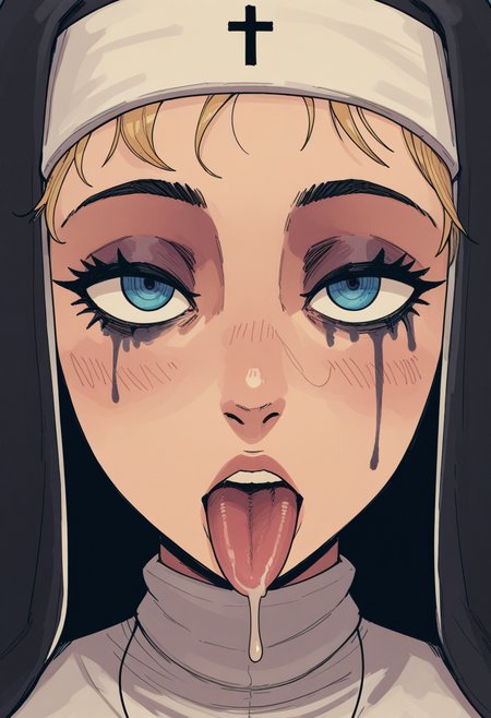 10P3Zstyle, masterpiece, best quality, solo,                                                                         nun, faceshot, habit, messy mascara, big blue eyes,  pov closeup of face, looking at viewer, tongue out, drool,