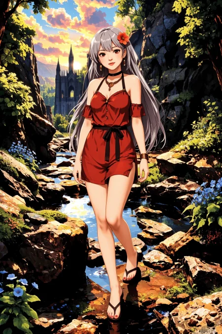 shag gray hair young woman, druid, anime, illustration, extremely detailed, portrait, standing, happy smile, flower in hair, glossy lipstick, celtic necklace, drop earrings, loincloth, sandals,  Bright Red druid short dress, legs, sharp focus, fantasy, celtic landscape, small rock, moss, ripples, reflections, celtic  castle, small river pond, druid forest, druid village, stunning nature environment, enchanted land, clovers, Bright Dazzling Blue flowers, best quality, colorful, wet floor, bright sunny sky, sunset, raytracing, hdr, high contrast, ethereal natural lights, backlight, lens flare, shadows, vibrant colors, colorful, pretty, beautiful, happy, smiling, feminine, sexy, lovely, in love, adorable, fashion,  <lora:Hand v2:1> <lora:Anti-Blur:1><lora:Insane Detail Slider:0.5>  <lora:flux.1_lora_flyway_Epic-detail_v2:0.3><lora:fluxenhancer:0.5> <lora:RetroAnimeFluxV1:0.4> <lora:Luminous_Shadowscape:0.4>