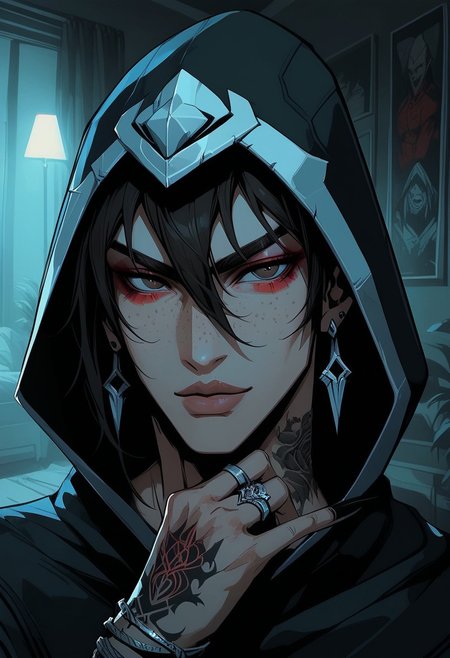 MALE, ONLY MAN, BOY, score_9, score_8_up, score_7_up, score_6_up, gthan, 1BOY, ClassicTalon, male focus, brown hair, brown eyes, hood, hood up, hair between eyes,
gothic, 18 year old, big lips, freckles, bangs, yakuza arm tattoos, makeup, long nails, indoors, smokey black eyeshadow, red eyeshadow, long eyelashes, eyeliner, full lips, close up on face, face close up, perfect hands, seductive smile, rings, bracelet, night, 
indoors, looking at viewer, great view, male earrings, portrait, smoke, boy's room, gaming laptop, messy room selfie,