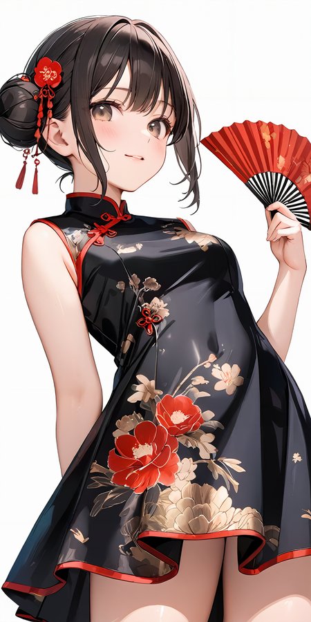 masterpiece,ultra-detailed,best quality,8K,illustration,cute face,clean skin ,shiny hair,girl,simple background
 <lora:add-detail-xl:1> <lora:china dress_XL_V1.0:1.2> jyojifuku, china dress, skirt, double bun, floral print,hand fan