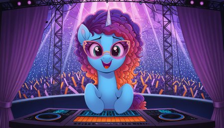 resolution, masterpiece, high resolution, (SOLO: 1.2) my little pony, friendship is magic, wild, detailed background(, detailed background:1.3),( detailed details:1.1),
<lora:Misty111:1> Misty Brightdawn  rebirth look, gradient hair, purple and orange hair  blue body unicorn,   eyes  green   <lora:Wholesome-MLP-v1.4b:0.7> at the DJ booth, happy, DJ glasses, view from the audience