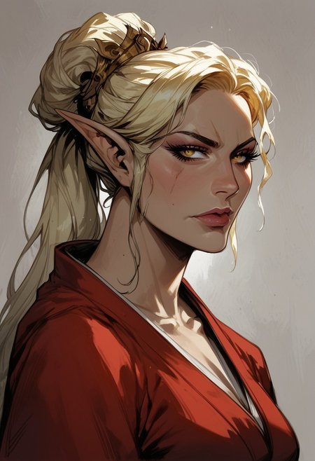 score_9, score_8_up, score_7_up, BREAK,
1girl, mature and imposing, 30 years old, portrait, beautiful, Elf  wizard, asian, asian woman, golden colored skin, tanned skin, tanned, sunbathed, sunbathed skin, evil, villain, blonde hair, medium brests, golden eyes, mature, mature woman, long ponytail, single ponytail, side bangs, modest clothing, red fantasy toga, red kimono, closed mouth, arrogant <lora:Fant5yP0ny:0.6> <lora:fantasy_world_pony:0.9>
<lora:Cherry-Gig:0.55>