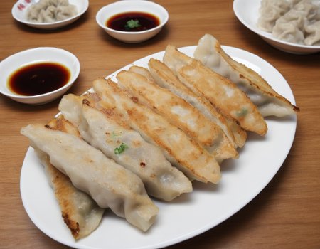 A delectable presentation of gote (dumplings) beautifully arranged on a plate. The gote are golden brown, freshly cooked with visible pleats, and garnished with herbs or a dipping sauce. The plate is set on a table with elegant tableware, perhaps with chopsticks or a traditional serving spoon. The scene should be as vivid and appetizing as a high-resolution photograph in a gourmet magazine, with warm and inviting lighting that emphasizes the texture and color of the gote , the shine of the sauce, and the elegance of the presentation, <lora:GT:0.75>,