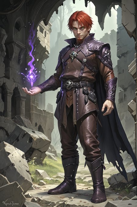 score_9, score_8_up, score_7_up,  ArsMJStyle, dnddarkestfantasy, Dark Fantasy, Full body shot,
BREAK,
Perfect Hands, Perfect body Proportions,
Handsome, young male Warlock, short hair, Pants, Goatee, solo, 
Red hair,  Green eyes, Smirk, 
Amulet, Glowing, leather armor, gambeson, Dark-brown armor, (leather material:1.2), (studded:1.1), design, <lora:leather_armor:1>,<lora:Gambeson_CyberPony:1>, 
Leather Boots, Black Cape, long Cape,
(Casting spell:1.2), (Magical energy:1.2), (Dark Magic:1.2), Purple magic, purple energy, (magic:1.1), (arkane_dark:1.1), <lora:dark_magiks:1>, 
BREAK, 
(Ancient Ruins:1.1), (stone rubble:1.1), crumbled stone walls, forest, Night, nighttime, Moonlight,
BREAK,
<lora:add-detail-xl:0.7><lora:Perfect Hands:1> <lora:DnDDarkestFantasyPony:1>