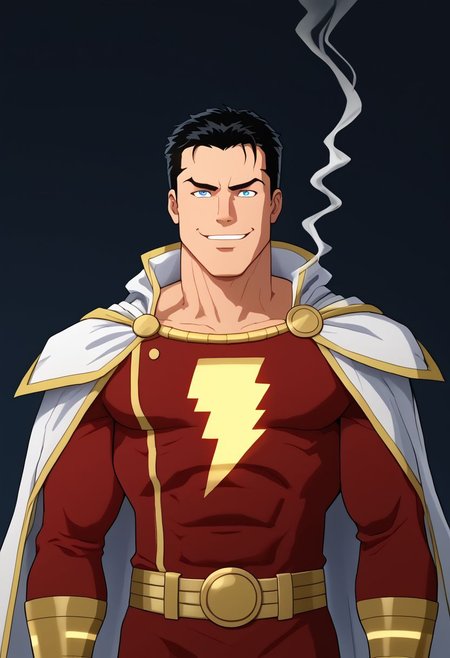 High Quality,  Shazam,  solo, 1man,  black hair, blue eyes, red suite, white cape, red hero suite, muscle body,  mischievous look, mischievous smile, drugged, sticking out the finger, i'm class, smoking marihuana,