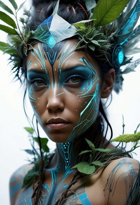bioluminescent, mysterious face of a native warrior woman in plant clothing, fading white background, alluring goddess, by Minjae Lee, Carne Griffiths, Emily Kell, Steve McCurry, Geoffroy Thoorens, Aaron Horkey, Jordan Grimmer, Greg Rutkowski, amazing depth, double exposure, surreal, geometric patterns, intricately detailed, bokeh,  perfect balanced, deep fine borders, artistic photorealism , smooth,  great masterwork by Suiras  <lora:add-detail-xl:2>  <lora:Double_Exposure:0.5>