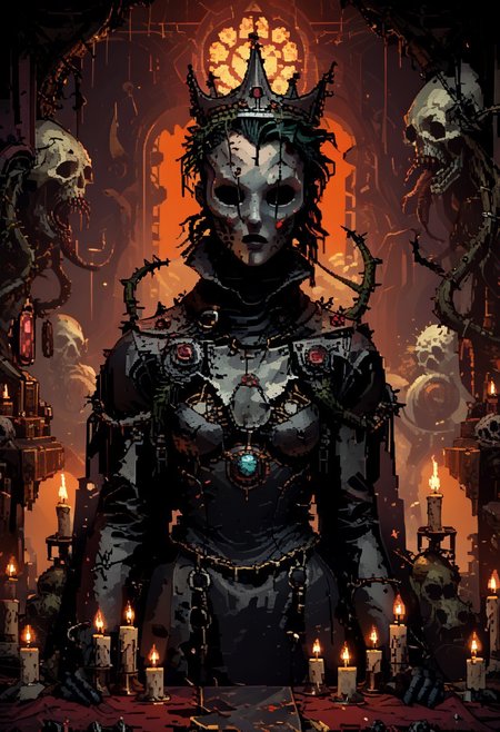 score_9, score_8_up, score_7_up, yamer_pixel_fusion, pixel art, 
Inside the Theatrum Diaboli, a dramatic recitation by Papa Emeritus, wearing a crown of thorns and an elaborate, gem-encrusted robe. The scene is lit by hundreds of candles, casting soft, flickering light that dances across his ghostly mask and the attentive faces of the congregation, cloaked in shadow., 
in the style of a vintage, high-contrast setting, capture the essence of a campy and sensual satanic ritual. Emphasize theatrical elements with bursts of bright colors against dark, moody backgrounds
, retro futuristic, atompunk, hyper-detailed, dark fantasy, lofi, d3p1x3l, pixel art