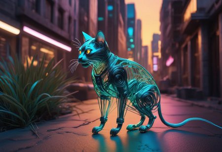 robot cat made of, tiny neon || filaments  catching small wild natural mouse, evening, in the street of futuristic city, no plants, best quality