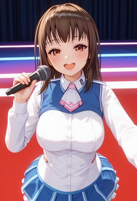 score_9, score_8_up, score_7_up, BREAK source_anime, (masterpiece), (best quality), 1girl, chihara_yukine, schoolgirl outfit,  red colored eyes, brown colored hair, singing, grabs microphone, looking at viewer, blush, opened mouth, (ultra detailed), smile,  <lora:chihara-local:0.9>, <lora:breasts_size_slider_pdxl_goofy:1.3>, concert stage background