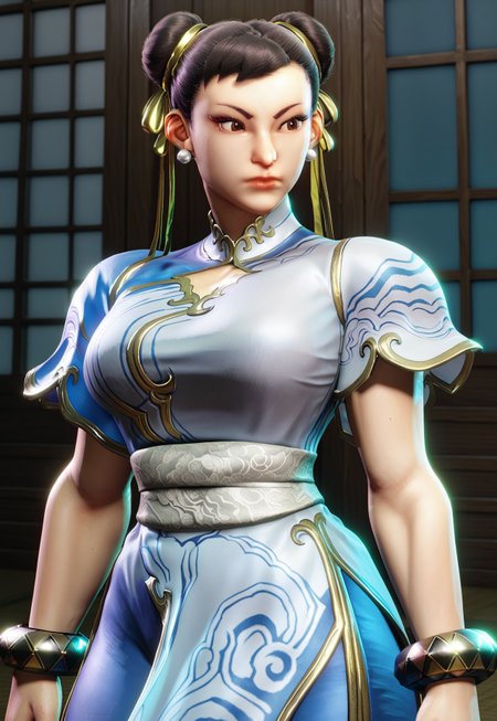 safe_pos, score_9, score_8, score_7, 3D, chun-li, large breasts, toned, pants, sash, white dress, nose, skin tight, red nails, closed mouth, upper body