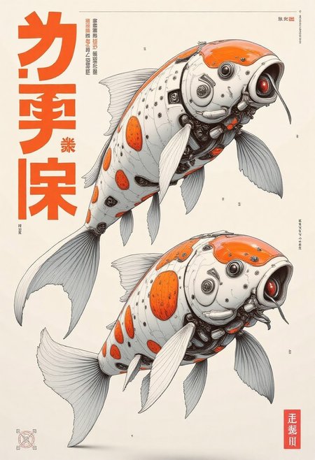 apanese manga-style poster featuring bold typography and striking graphics, with two robotic koi fish. A full-body portrait, mouths closed, one positioned above the other—a photorealistic pencil drawing of biomechanical koi, blending organic and mechanical elements in white and orange hues.
Sci-fi fantasy aesthetic, 8K resolution, cyborg koi with digital fiber-optic scales. Ultra-detailed and hyper-realistic, yet soft and dramatic. 2D illustration with cinematic lighting, white and orange pastel tones. Rendered in a photorealistic comic art style, inspired by Boris Vallejo, Carne Griffiths, and Wadim Kashin.
Cosmic backdrop with a vanishing point, conveying high-speed motion—digitally painted with dynamic precision. Influenced by Beeple, Noah Bradley, Cyril Roland, and Ross Tran (ArtStation trends).