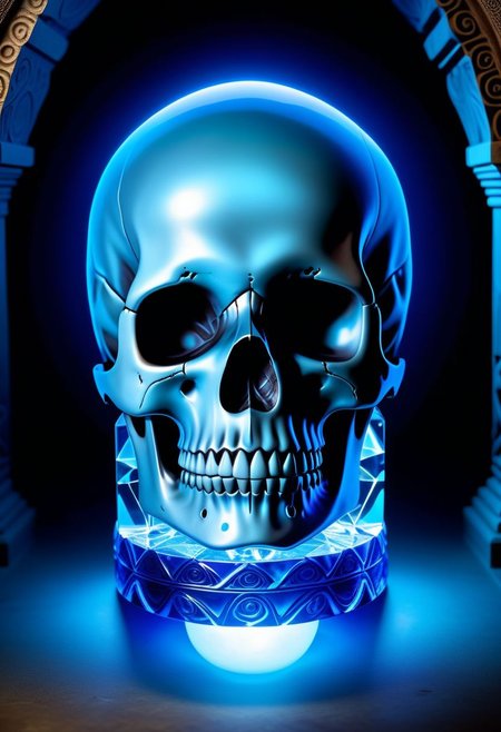 The mysterious Crystal Skull, an ancient artifact with a translucent, glowing blue crystal making up its entire structure. It sits in a dimly lit, underground temple adorned with intricate carvings of mythical creatures. A sense of otherworldly energy radiates from the artifact, and a faint, mystical aura surrounds it. The atmosphere is one of mystery and intrigue, with a touch of otherworldly wonder.