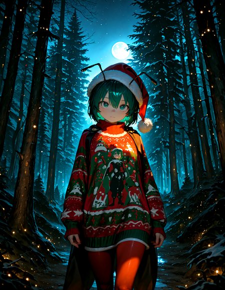 Christmas, dress, red pantyhose ,santa_hat ,Christmas sweater,
1girl, solo,   wriggle_nightbug, soft lighting,looking at viewer, trees, forest, night, moon,
masterpiece, best quality, amazing quality, very aesthetic, absurdres,  newest, (volumetric lighting),
<lora:world_christmassweater:0.5>,<lora:cfg_scale_boost:0.5>, <lora:ponyv5_noobE11_1_adamW:0.5>, <lora:illustrious_noobai_epsilon_pred_1_best_quality_v1:0.5> ,<lora:illustrious_noobai_epsilon_pred_1_masterpieces_v1:0.5> ,<lora:illustrious_noobai_epsilon_pred_11_very_aesthetic_v1:0.5>