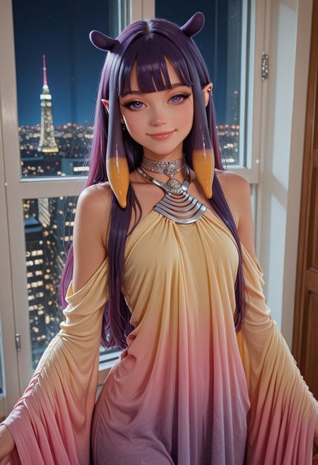 ultra-detailed,masterpiece, best quality, good quality, 8k,beautiful eyes, detailed eyes, detailed face, 
BREAK
ninomae inanis, pointy ears, long hair, purple hair, multicolored hair, blunt bangs, tentacle hair, sidelocks, purple eyes, choker,
BREAK
v1ll4-g0wn, yellow dress, pink dress, gradient dress, bare shoulders, large sleeves, silver metal,
BREAK
seductive smile, standing,
BREAK
Intricate, detailed background, colorful, detailed background, dynamic angle, volumetric lighting, cinematic lighting,
BREAK
Indoors, Modern Apartment, Large window showing a cityscape at night,
BREAK
artist:moriimee,  <lora:MoriiMee_Gothic_Niji_Style_Illustrious_r1:0.6>, <lora:PowerPuffMixLora:0.5>,
BREAK