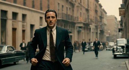 cinematic film still of  <lora:The Godfather Film Style:1.2>
a man in a suit running down a street The Godfather Film Style , shallow depth of field, vignette, highly detailed, high budget, bokeh, cinemascope, moody, epic, gorgeous, film grain, grainy
