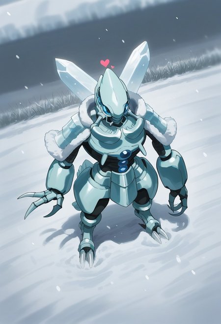 score_9, score_8_up, score_7_up, source_anime, rating_safe, snowing, heart, CocytusOL, blue_Cocytus_eyes, pokemon (creature), robot focus, fur-trimmed jacket, winter clothes, light blue_Cocytus_claws, blurry outdoors, from above, snow grass, dutch angle, cute wallpaper,