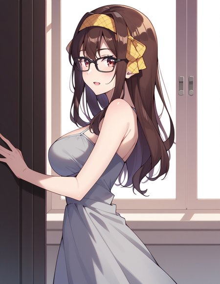 score_9, score_8_up, score_7_up, source_anime, uncensored, <lora:StS_detail_slider_v1:3>, zPDXLxxx, <lora:Yona_Ichogi_PONYXL_VexVexX:1>, YonaIchogi, red eyes, brown hair, long hair, ribbon, hair ribbon, hairband, glasses, black-framed eyewear, medium-large breasts, dress, grey dress, bare shoulders, cowboy shot, bedroom, from side, Stand tall with one leg slightly bent and lean slightly backward, arms gracefully extended, thighs, looking at view