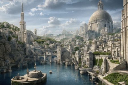 (masterpiece:1.2), (best quality,:1.2), 8k, HDR, ultra detailed, ((photorealistic)), professional light, cinematic lighting, fashion photography, ambient lighting, atmospheric effects, Numenor, a medieval fantasy city at the ocean, a big harbour, some ships, statues, towers, walls, <lora:Numenor-10:1>, in the style of Middle Earth, Tolkien, Minas Tirith, epiCPhoto