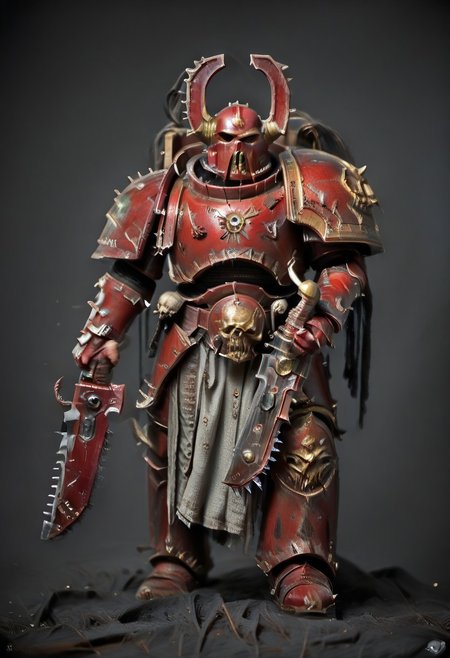Score_9_up, absurdres, Source: GamesWorkshop, best quality, expressive eyes, perfect face, space marine, World Eaters Traitor Astartes Chapter Exalted Eightbound Berserker holding a chainsword, red armor, spiked horned astartes helmet, full body, volumetric lighting project unreal engine, mantisdetailerse, <lora:warhammerAdeptus_v1:0.7>,