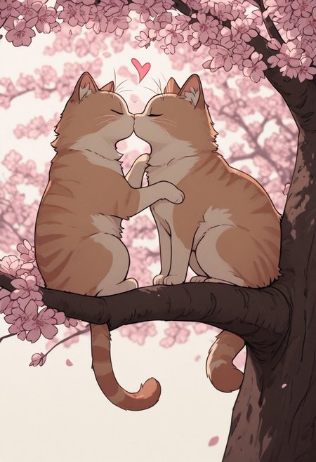 gothic_glittercore, masterpiece, best quality, very awa, absurdres, two cats sitting on a tree branch, facing each other in an intimate and harmonious pose. The left cat is black, while the right cat is white, creating a striking contrast. They are surrounded by delicate, blooming branches with small flowers, adding a serene and romantic atmosphere. The background is softly blurred, focusing the viewer's attention on the cats and their interaction. The lighting is soft, emphasizing the texture of their fur and the gentle ambiance of the scene. pink heart in front of them, ((kissing cats))