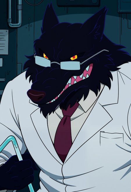 masterpiece,best quality,amazing quality, 1boy, solo, w0lv3s, wolf, black fur, colored sclera, red eyes, lab coat, collared shirt, red tie, holding opaque glasses, close up, smirk, 