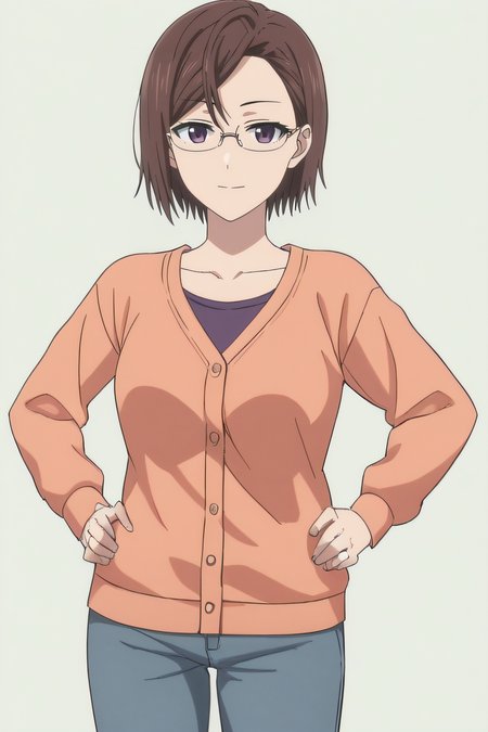 score_9, score_8_up, score_7_up, source_anime, rating_safe, intricate details, anime screencap, official style, 1girl, solo,  <lora:Haruko_Sakurai:1>, harukosakurai, short hair, brown hair, forehead, expressionless, glasses, dark purple eyes, medium breasts, collarbone, light orange cardigan, grey pants, looking at viewer, smile, cowboy shot, simple background, hands on hips, five fingers