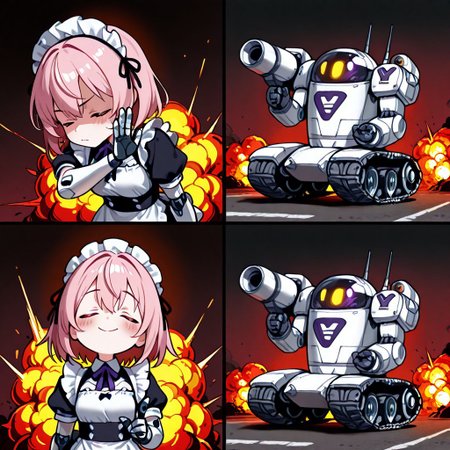 masterpiece, absurdres, newest, best quality, amazing quality, very aesthetic,e, score_9, score_8, score_7,,high quality, beautiful, detailed eyes, normal lighting,
<quality tag>, drakeposting_meme, 4koma, simple background
BREAK
1 girl, CivChan, purple eyes, pink hair, maid costume, yandere, closed eyes, no gesture
BREAK
(1robot:1.2), 1 robot, robot, mecha, visor, yellow eyes, glowing eyes, mechanical body, screws, red lights, pauldrons, shoulder cannon, gun, missile launcher, mechanical claw, continuous track, tracked treads, chain track, caterpillar tread, tank tread, wheels, chibi, ffl2roboilxl, (no explosion: 2)
BREAK
1 girl, CivChan, purple eyes, pink hair, maid costume, yandere, closed eyes, smile, blush, pointing, yes gesture
BREAK
(1robot:1.2), 1 robot, robot, mecha, visor, yellow eyes, glowing eyes, mechanical body, screws, red lights, pauldrons, shoulder cannon, gun, missile launcher, mechanical claw, continuous track, tracked treads, chain track, caterpillar tread, tank tread, wheels, chibi, ffl2roboilxl, (explosion:1.2)