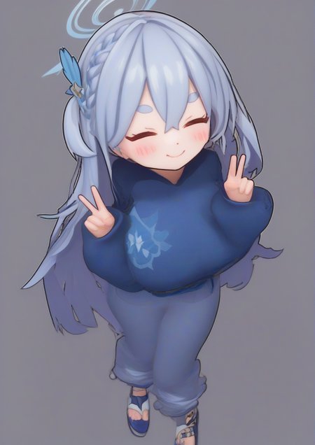 1girl, miyako (blue archive), miyako (young) (blue archive), huge breast, :d, >_<, blue footwear, blue hoodie, blush, braid, chibi, chibi only, closed eyes, double peace, facing viewer, feet out of frame, grey background, grey hair, hair between eyes, halo, hands up, hood, hood down, hoodie, long hair, long sleeves, official alternate costume, one side up, puffy long sleeves, puffy sleeves, sandals, smile, solo, thick eyebrows, peace sign, very long hair, xd,zPDXL3,3d  <lora:skyrimanime:1>