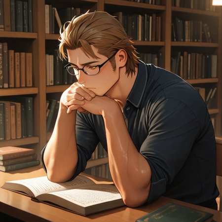 masterpiece, best quality, amazing quality, absurdres, newest, detailed background, definition so sharp, Ultra-HD, 8K cinematic, very awa, impressionate, amazing quality, highres, 
solo, male focus, manly, shadow, shiny skin,
ekusoushizumu, ekusou_brunette, ekusou_orange eyes, 1boy, short hair, sideburns, stubble, library, bookshelf, reading_book, warm_glow, cozy_atmosphere, quiet, intellectual, studious, spectacles, old_books, dust_motes, peaceful_expression, sitting_pose, natural_light