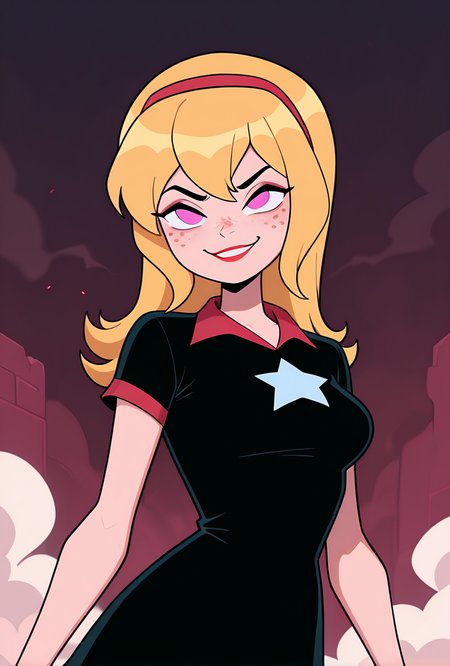 ((cartoon, screencap)), <lora:lucybig:1>, solo, lucybig, long hair, blonde hair, red hairband, pink eyes, lipstick, smile, short sleeves, star (symbol), short dress, black dress, freckles, dynamic pose, smoke background, emerging from smoke, upper body, angry,, masterpiece, best quality, amazing quality, very aesthetic, absurdres, newest,