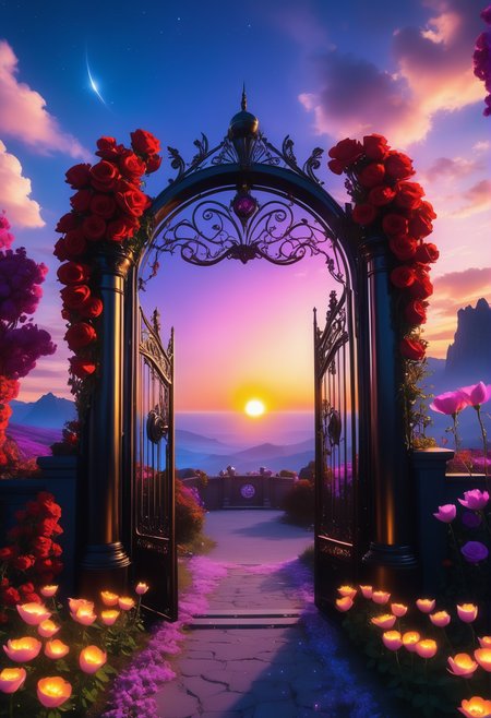 sunrise shines,landscape of a reij-ebsu gate,retro sci fi steampunk, fire <lora:ebony sunset-000001:1>, empty place, the gate surrounded by flowers is made of pam-flwr <lora:SDXL_FLOWER_STYLE:0.9>, a reij-mg outdoor room, neon light <lora:reij-moderngothic:0.8>, landscape of a (Black Mesa East:1.2) , at Blue hour, Sun Rays, futuristic, technology, beautiful, advanced cinematic perfect light, complimentary colors, enhanced quality, deep rich colors