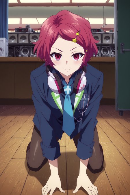  koito minase,1girl,solo,smile,headphones around neck,headphones,necktie,short hair,hair ornament,hairclip,star (symbol),star hair ornament,looking at viewer,school uniform,jacket,lowlight,low light,oily skin,shiny_skin,upper hips,smirk,smile,good_hands,pantyhose,looking at viewer,all_fours BREAK indoors,nightclub,music,lights, dancefloor, DJ, speakers,shadows,led,pink neon led   <lora:Koito_Minase_-_Musaigen_no_Phantom_World.safetensors:0.8> <lora:detailed_backgrounds_v2.safetensors:0.7> <lora:lowlight.safetensors:0.7>