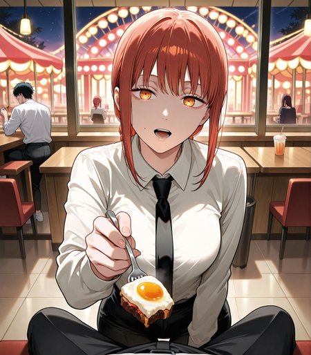 masterpiece,best quality,anime coloring,anime screenshot,
<lora:add-detail-xl:0.5>
<lora:sugar_dating:0.5>sugar_datingV1,
1boy,1girl, hetero,   incoming food, 
pov,table, food, pov,open mouth, 
amusement park, restaurant, 
BREAK
white shirt, necktie, black pants, 
makima \(chainsaw man\), 
chainsaw man,official style,  official art, 
20YO, milf,adult couple,